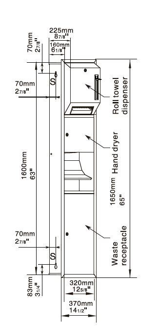 Настенный блок интегрированный (встраиваемый) сушилка-диспенсер-урна WisePro GSG82-25B-Brushed Нерж сталь Матовая сталь / 77-17
