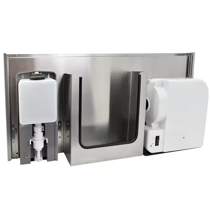 Встраиваемый блок выдвижной сушилка для рук+диспенсер полотенец+дозатор мыла WisePro за зеркалом Нерж сталь матовая сталь / 78-4