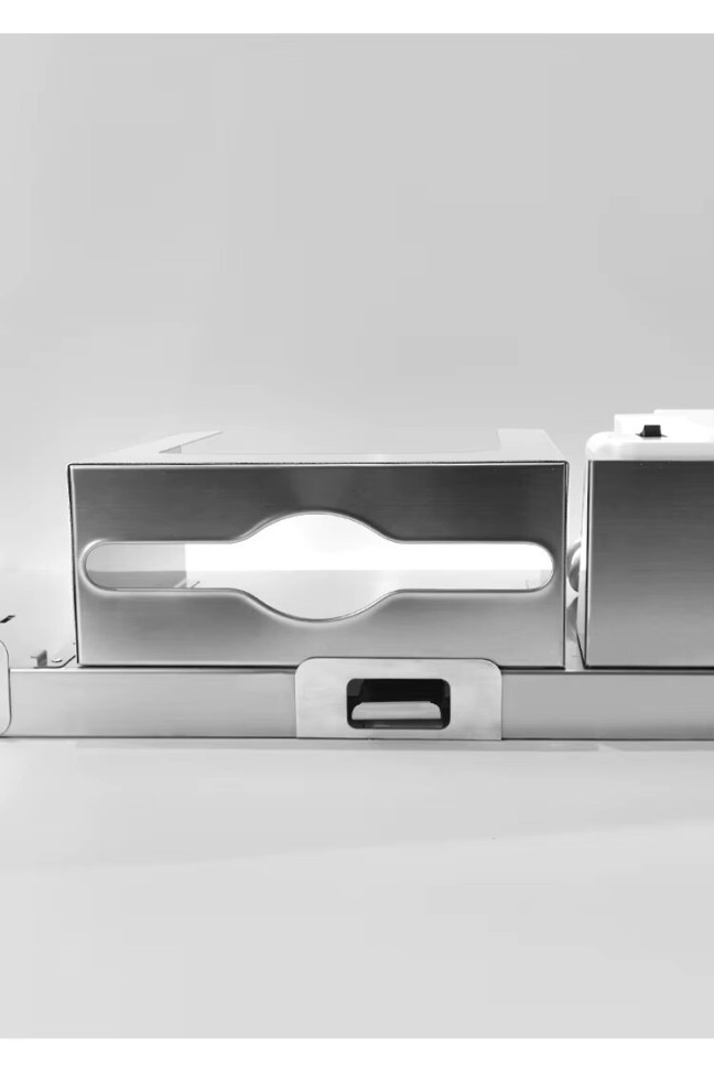 Встраиваемый блок выдвижной сушилка для рук+диспенсер полотенец+дозатор мыла WisePro за зеркалом Нерж сталь матовая сталь / 78-4