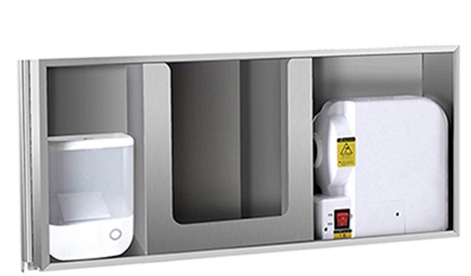 Встраиваемый блок диспенсер листовых полотенец, дозатор мыла, сушилка для рук WisePro за зеркалом Нерж сталь Матовая сталь / 78-8